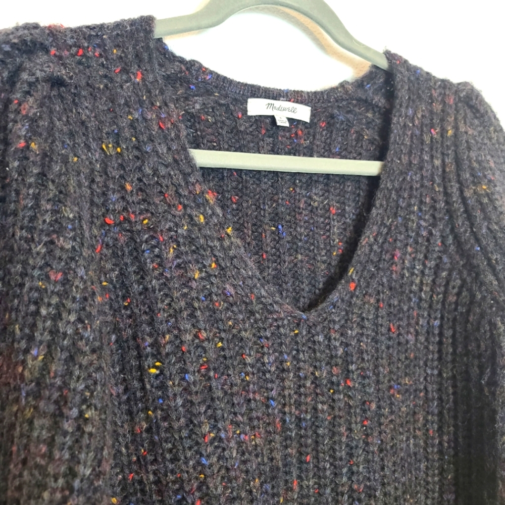 MADEWELL V-Neck Puff-Sleeve Wool Blend Chunky Multi-colored Sweater - Picture 11 of 12